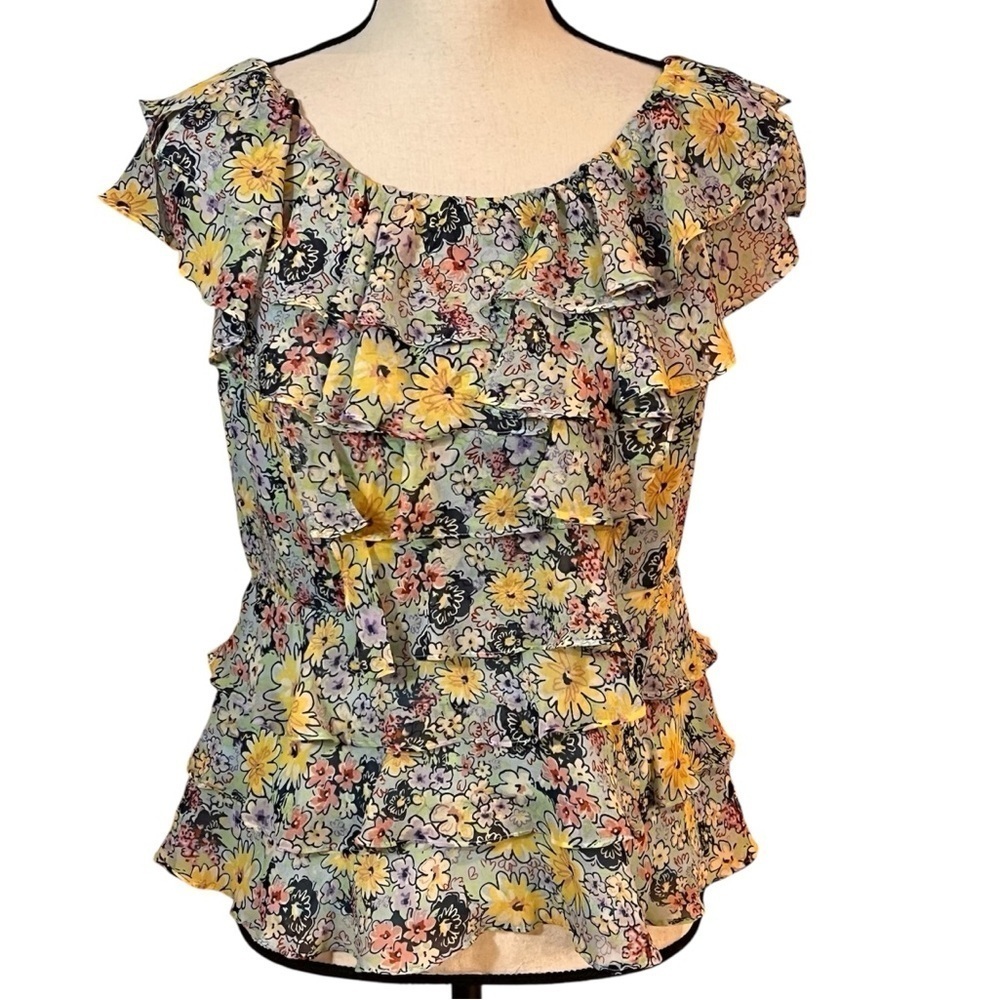 Anthropologie Odille Sheer Yellow and Blue Ruffled Fitted Top Sz-8